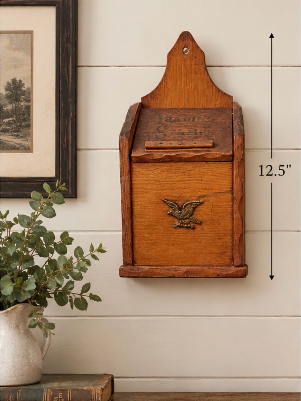 Vintage Wooden Wall Mailbox with Eagle Accent Words Trading Stamps - Honey Brown